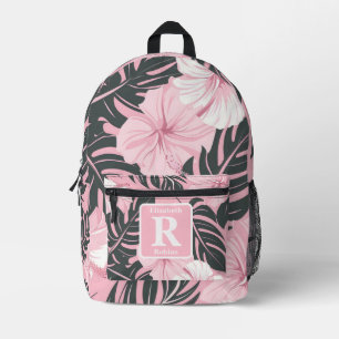 Tropical pink hibiscus personalised Monogram Printed Backpack