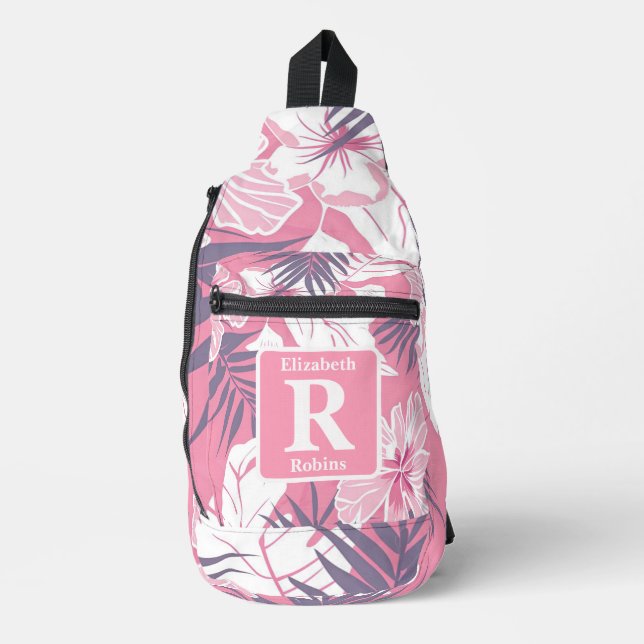 Tropical pink hibiscus personalised Monogram  Sling Bag (Front)