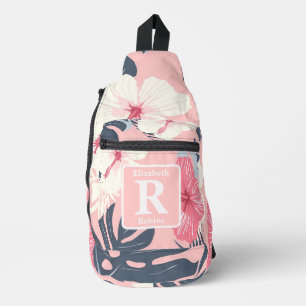 Tropical pink hibiscus personalised Monogram Sling Bag