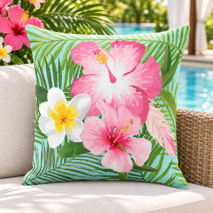 Tropical Pink Hibiscus Plumeria Palm Cushion