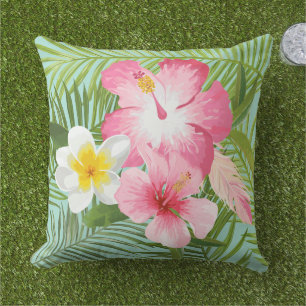 Tropical Pink Hibiscus Plumeria Palm Cushion