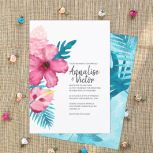 Tropical Pink Hibiscus Turquoise Ferns Wedding Invitation