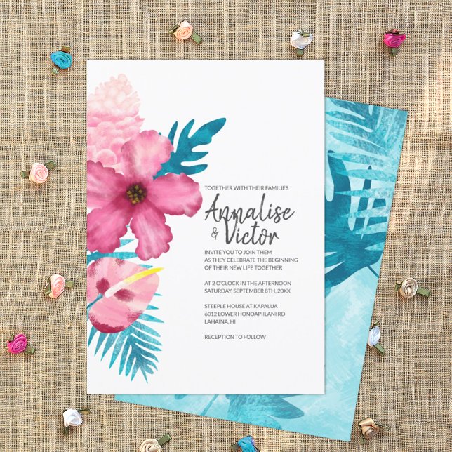 Tropical Pink Hibiscus Turquoise Ferns Wedding Invitation (turquoise and pink tropical wedding invitation card, pink hibiscus, Hawaiian flowers theme)