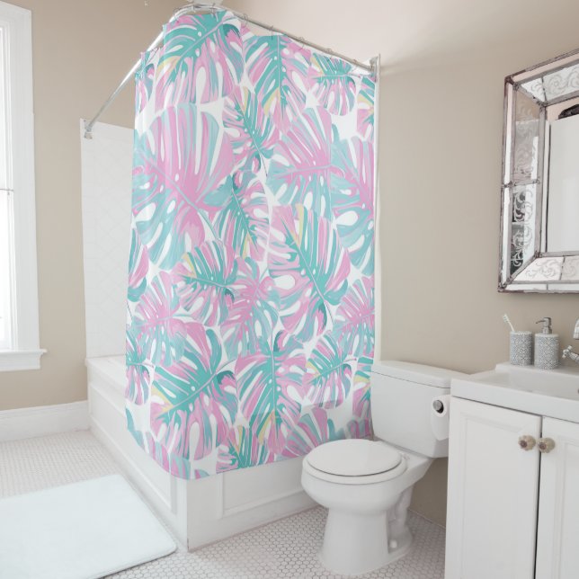 Tropical Pink Leaves Shower Curtain (In Situ)