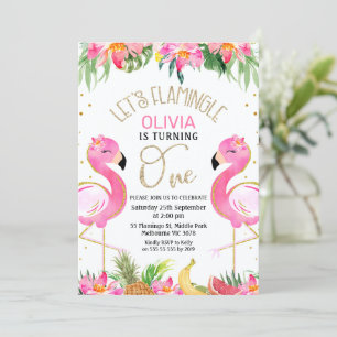 Tropical Pink Lets Flamingle Flamingo 1st Birthday Invitation