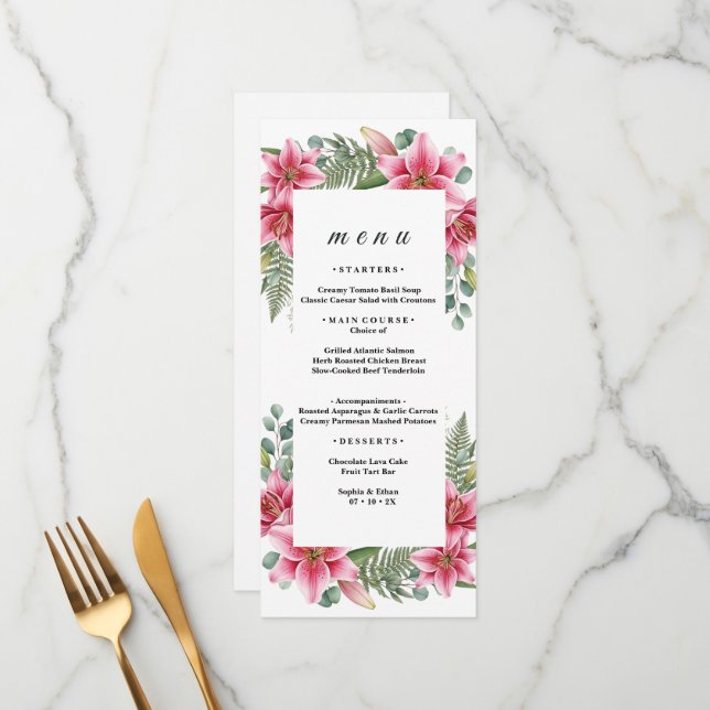 Tropical Pink Lily and Ferns Exotic Wedding Menu (Front/Back In Situ)