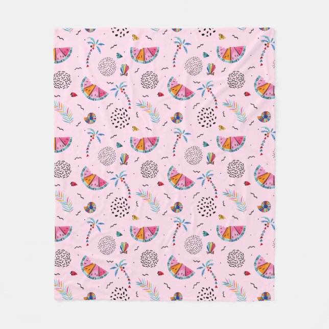 Tropical Pink Memphis Style Pattern Fleece Blanket (Front)