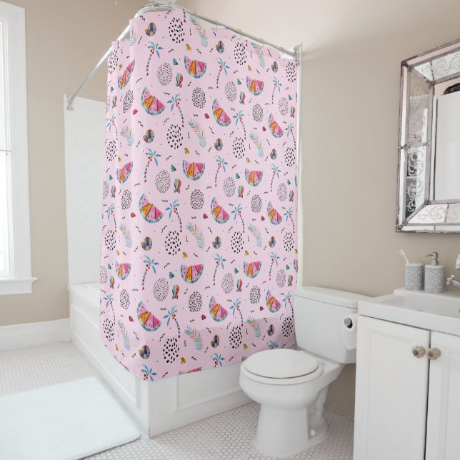 Tropical Pink Memphis Style Pattern Shower Curtain (In Situ)