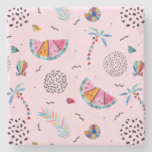 Tropical Pink Memphis Style Pattern Stone Coaster