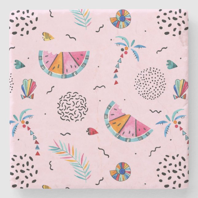 Tropical Pink Memphis Style Pattern Stone Coaster (Front)