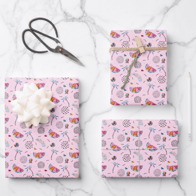 Tropical Pink Memphis Style Pattern Wrapping Paper Sheet (Front)