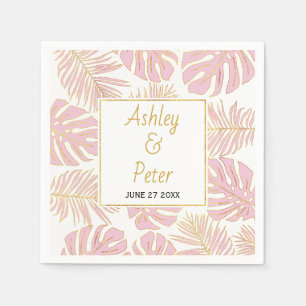 Tropical pink monstera, palm leaves modern wedding napkin