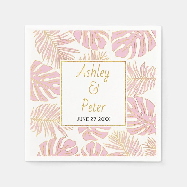 Tropical pink monstera, palm leaves modern wedding napkin (Front)