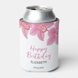 Tropical Pink Orchid Flower Happy Birthday Can Cooler