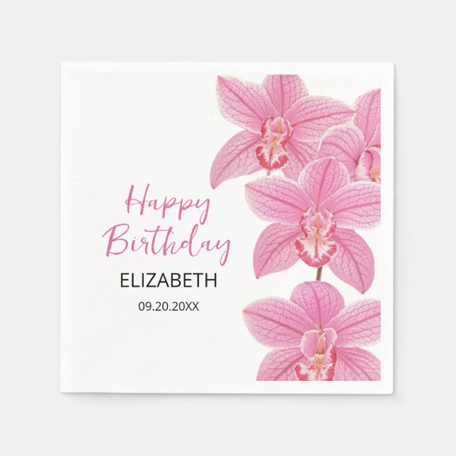 Tropical Pink Orchid Flower Happy Birthday Napkin (Front)