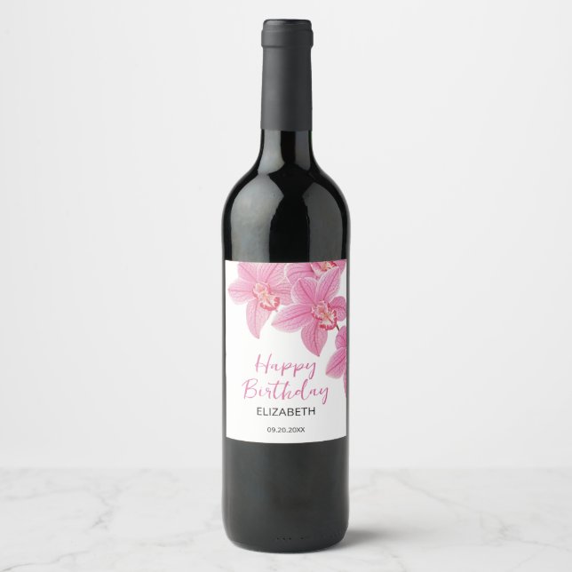 Tropical Pink Orchid Flower Happy Birthday Wine Label (Front)