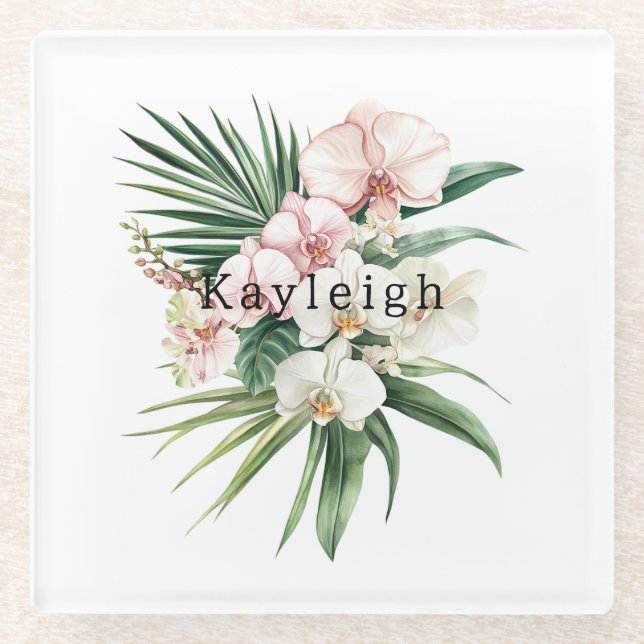 Tropical Pink Orchid Flowers Glass Coaster (Front)