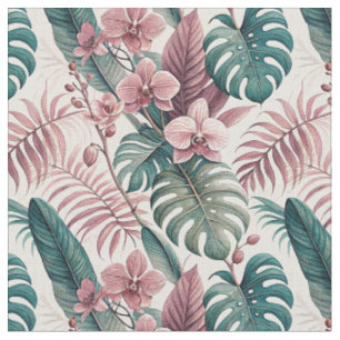 Tropical Pink Orchid Flowers & Monstera Floral Art Fabric