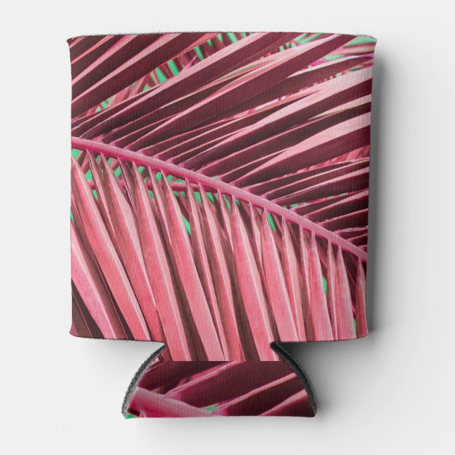 Tropical Pink Palm Leaves Background Can Cooler (Front)