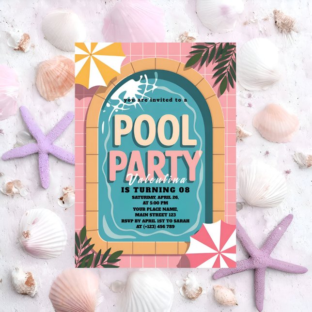 Tropical Pink Palm Springs Pool Party Birthday Invitation (Creator Uploaded)