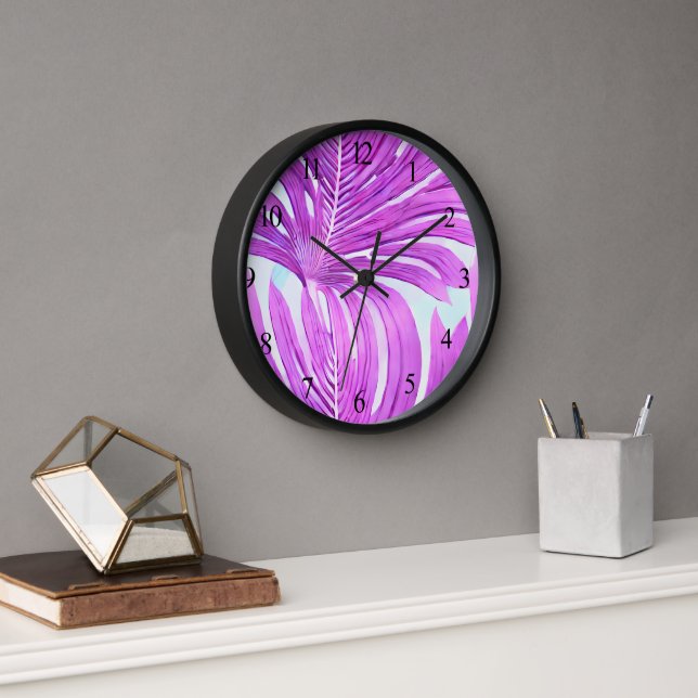 Tropical Pink Palm Tree Leaves Pattern  Magnet Clock (Office)