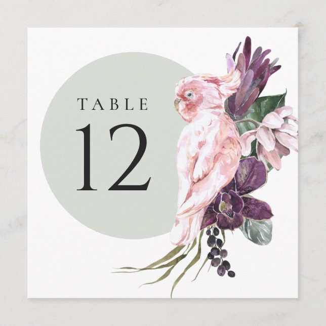 Tropical Pink Parrot and Protea Table Number Cards (Front)