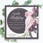 Tropical Pink Parrot Floral 60th Birthday Invitation<br><div class="desc">Plan a fabulous 60th birthday celebration (or any other age) with a stylish boho-inspired tropical theme that is so feminine! This unique square invitation has an exotic pink parrot sitting atop a bouquet of lush tropical flowers that include purple protea and orchids with trailing vines and greenery. A circular frame...</div>