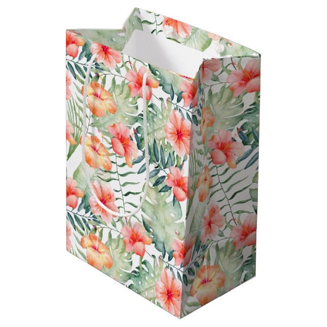 Tropical Pink Peach Hibiscus Floral  Medium Gift Bag (Back Angled)
