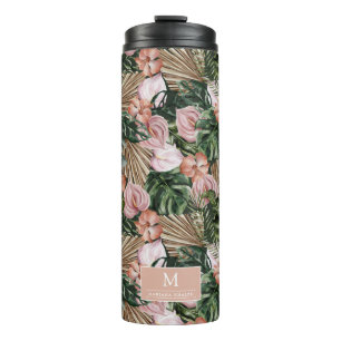 Tropical Pink Peache flowers leaves jungle Thermal Tumbler