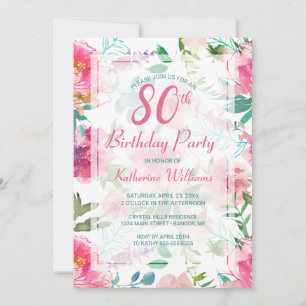 Tropical Pink Peony Floral 80th Birthday Party Invitation