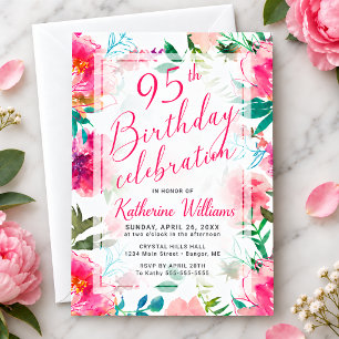 Tropical Pink Peony Floral 95th Birthday Party Invitation