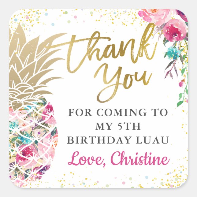 Tropical Pink Pineapple Floral Birthday Thank You Square Sticker (Front)