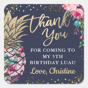 Tropical Pink Pineapple Floral Navy Blue Thank You Square Sticker