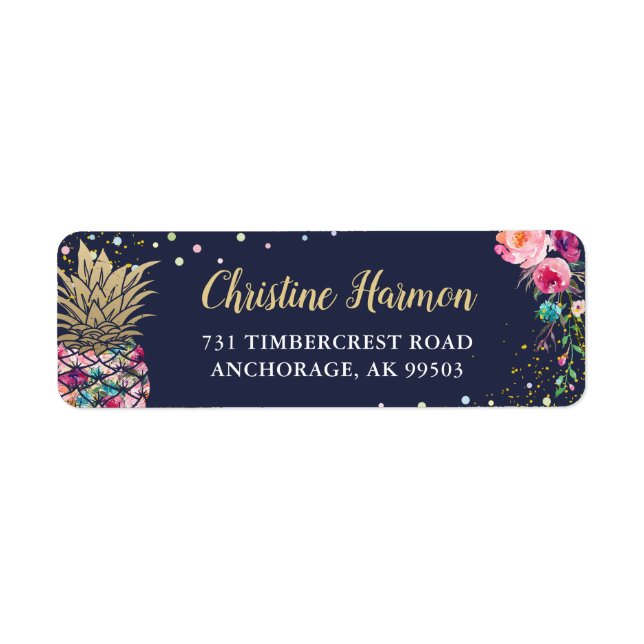 Tropical Pink Pineapple Navy Blue Return Address (Front)