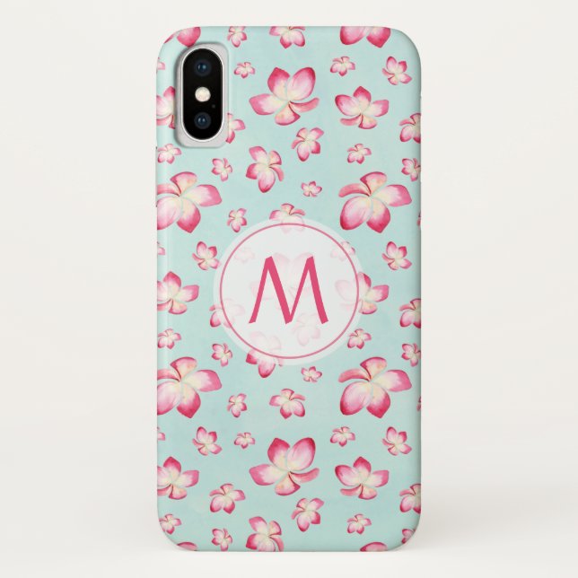 Tropical Pink Plumeria Watercolor Monogram Case-Mate iPhone Case (Back)