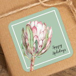 Tropical Pink Protea Floral on Mint Square Sticker<br><div class="desc">A beautiful hand painted watercolor pink protea floral blossom on a mint green background,  these stickers are beautiful for your invitation envelopes,  party favours,  gift packaging and more. CHANGE the background colour to anything! ALL SHAPES done for you in our store as well as MATCHING items --> http://bit.ly/2TLWeM5 <--</div>