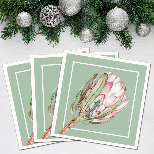Tropical Pink Protea Flower on Mint Party Napkin (Creator Uploaded)