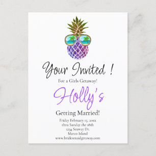 Tropical pink purple pineapple Bachelorette invite Postcard