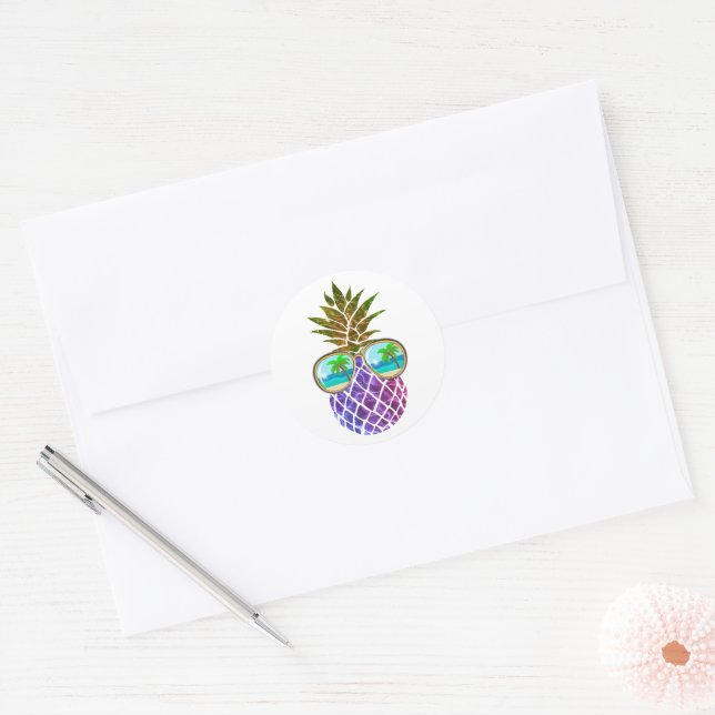 Tropical pink purple pineapple classic round sticker (Envelope)