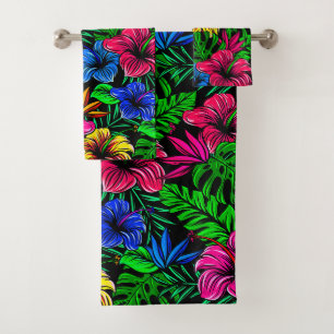 Tropical Pink Red Blue Yellow Hibiscus Flower Bath Towel Set