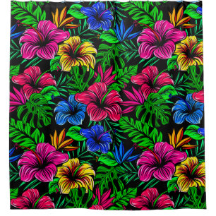 Tropical Pink Red Blue Yellow Hibiscus Flower Shower Curtain