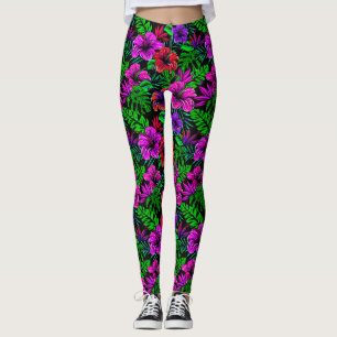 Tropical Pink Red Purple Hibiscus Flower Leggings