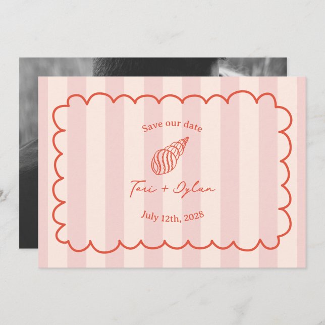 Tropical Pink Stripe Seashell Save The Date Photo (Front/Back)