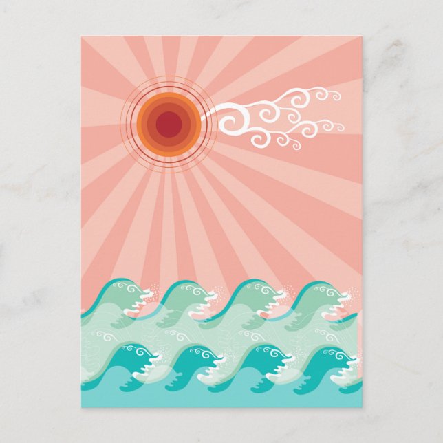 Tropical Pink Sun Aqua Waves Summer Beach Ocean Postcard (Front)