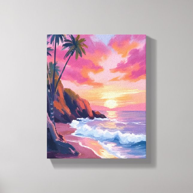 Tropical Pink Sunset Ocean Watercolor Canvas Print (Front)