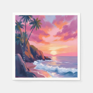 Tropical Pink Sunset Ocean Watercolor Napkin