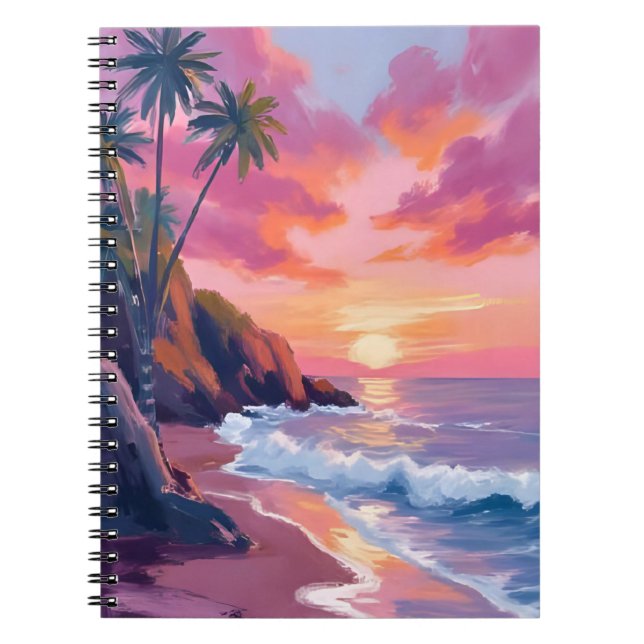 Tropical Pink Sunset Ocean Watercolor Notebook (Front)