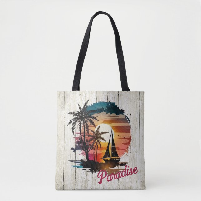 Tropical Pink Sunset Sailing Palms  Tote Bag (Front)