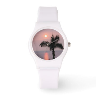 Tropical Pink Sunset Sky and Palm Sporty Watch