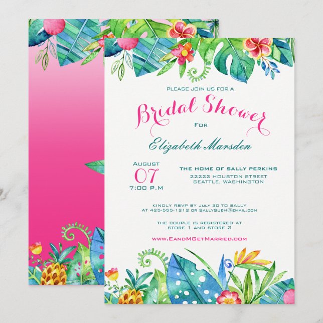 Tropical Pink Teal Floral Ombre Bridal Shower Invitation (Front/Back)